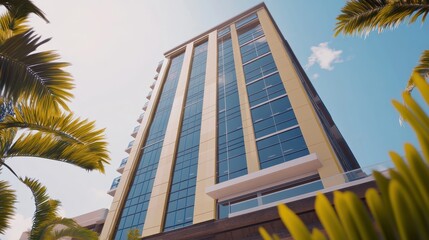 Obraz premium Modern Highrise Tower Surrounded by Lush Tropical Foliage