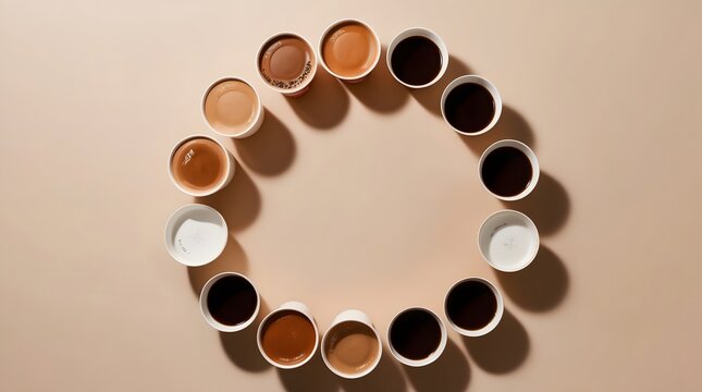 Circle of cups with different colors of coffee