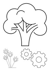 Outline of a tree with two gears and a group of plants. Ideal for sustainability, environment, technology, industry, ecology, innovation, and nature themes. Line metaphor