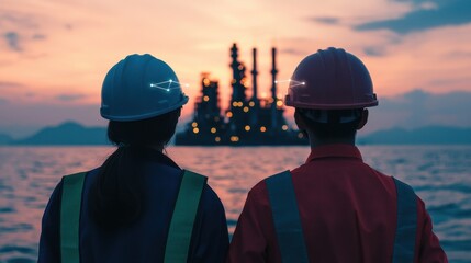 Two workers in helmets gaze at an oil rig against a sunset backdrop, highlighting the energy industry and teamwork in a marine environment.