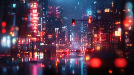 Fototapeta premium Blurred Cityscape at Night with Glowing Lights and Rain Reflections