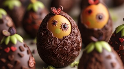 Obraz premium Colorful Chocolate Easter Eggs with Decorative Cute Faces