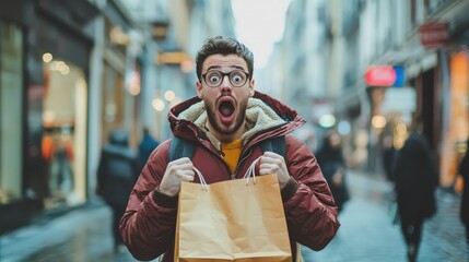 Excited young man in a city street with shopping bags shows enthusiasm after a great shopping experience in a vibrant urban environment during winter season
