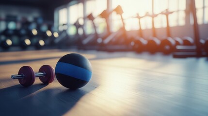 Gym floor with a medicine ball and dumbbells in soft lighting