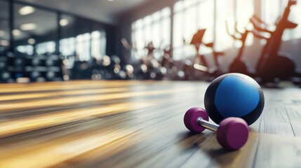 Gym floor with a medicine ball and dumbbells in soft lighting