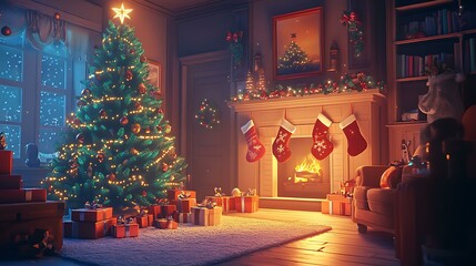 Cartoon-style cozy Christmas night with a beautifully decorated tree, wrapped gifts, and stockings hanging by the fireplace