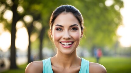 Fototapeta premium Woman with a bright smile is standing in a park