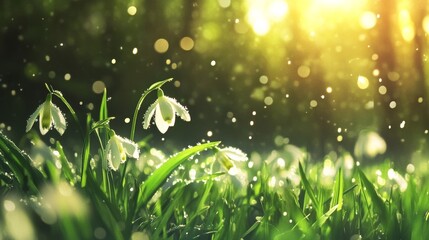 Spring snowflake blooms in sunlight.