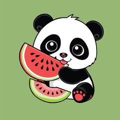Cute little panda eat watermelon cartoon illustration