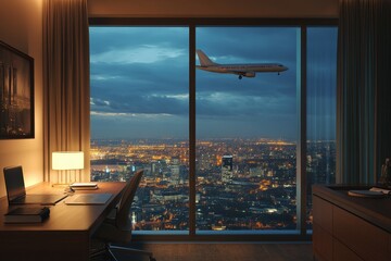 Night cityscape view from office; plane flies over illuminated city at dusk. Perfect for travel, business, or city themes; evokes feelings of ambition and journey.