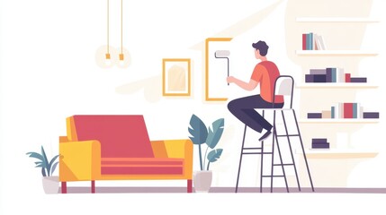 Young Man Painting Wall in Bright Modern Living Room Environment