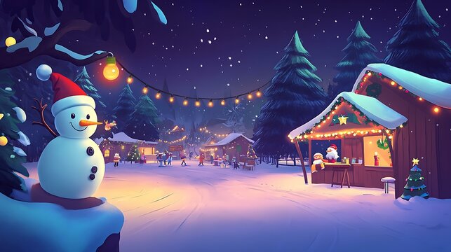 Cartoon-style snowy holiday scene with cheerful characters enjoying a Christmas fair with lights, games, and music