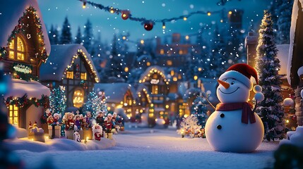 Cartoon-style winter holiday celebration with a snowman, Santa Claus, and cheerful characters singing carols in a snowy village