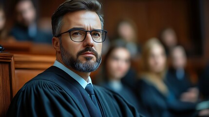 Impartial Male Judge Listening to Pleaded Case in Courtroom,Deliberating on Guilty or Not Guilty Verdict