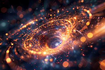 An abstract representation of a cosmic vortex, swirling lights in shades of orange and blue create a mesmerizing visual effect.