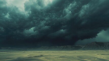 Obraz premium Dark Storm Clouds Gathering Over a Vast Desert Landscape With Dramatic Skies and Foreboding Atmosphere Suitable for Nature and Weather Themes