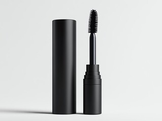 Obraz premium A glossy black mascara tube standing vertically with the wand leaning beside it