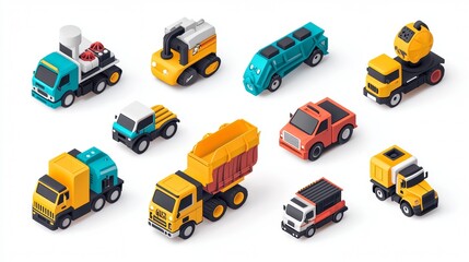 Collection of colorful toy vehicles arranged in a playful display showcasing various types of construction and utility trucks
