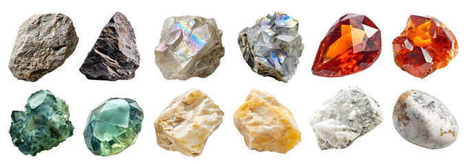 Collection set of gemstone mineral rocks crystal semi-precious stones on transparent PNG. Gaylussite, Hessonite, Bismutotantalite, Inderite, Garnet, Cancrinite. Many style. Mockup template for design