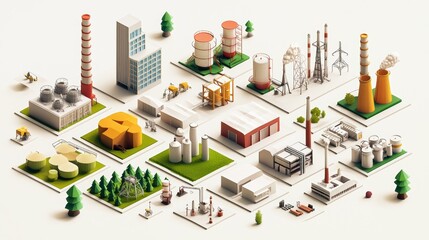 Industrial landscape featuring various factories and facilities arranged in a modular design with trees and detailed structures