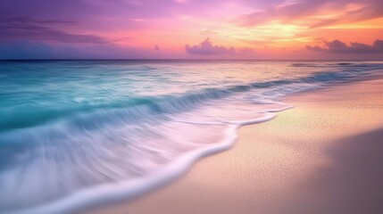 Fototapeta premium Serene Sunset Over Tranquil Ocean Waves Gently Lapping at the Shoreline with Vibrant Colors and Soft Textures Capturing the Beauty of Nature's Evening Splendor