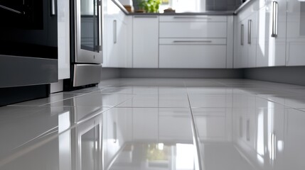 Fototapeta premium Modern Kitchen with Sleek Cabinets and Polished Tile Flooring