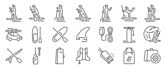 Stand-up paddle board icon set. It included contexts such as Stand Up Paddle, SUP, Paddle Boarding, boarding, surfing, and more. Editable Vector Stroke.