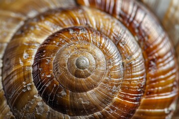 Captivating close-up of a snail shell reveals its spiraled form and detailed patterns, highlighting the unique texture and colors under natural lighting.