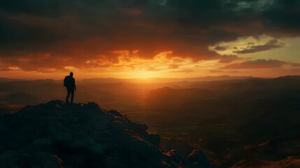 Obraz premium Lone hiker silhouetted on a rugged mountain at sunset
