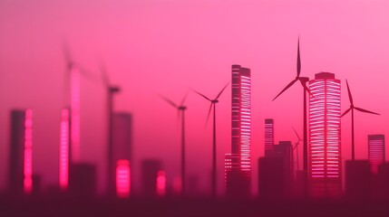 Fototapeta premium Pink Cityscape with Wind Turbines at Sunset
