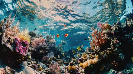 Obraz premium Vibrant Underwater Scene with Colorful Coral Reef, Diverse Marine Life, Clear Blue Water, and Sunlight Filtering Through Ocean Surface