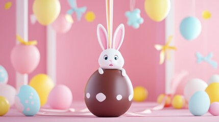 Fototapeta premium Cute Easter Bunny with Chocolate Egg in Festive Spring Decor