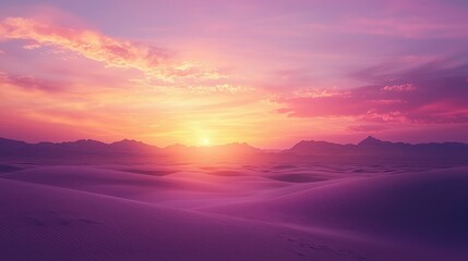 Fototapeta premium Serene Desert Landscape at Sunset with Vivid Purple and Pink Sky Over Dunes and Silhouetted Mountains in the Background for Tranquil Nature Aesthetic