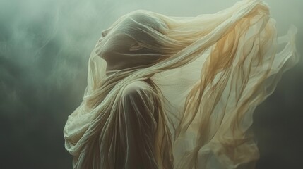 In a moment of pure expression, a woman dances gracefully, enveloped in an oversized garment that billows around her, creating a sense of ethereal beauty