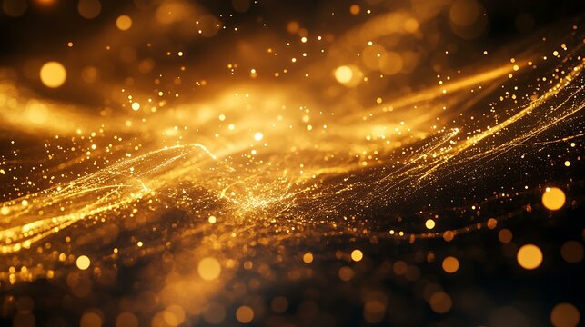 Golden fireworks bursting with radiant energy and soft bokeh lights scattered on a deep night sky backdrop