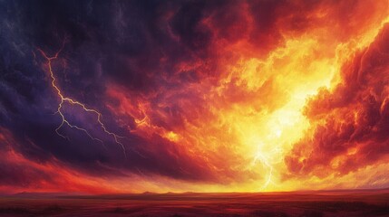 Fototapeta premium Fiery sunset sky with lightning strikes over a flat landscape.