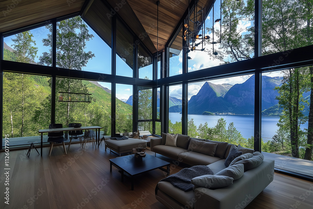 Poster A view of a fjord from a modern Scandinavian cabin with floor-to-ceiling windows.