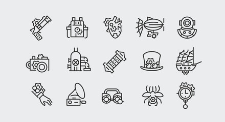 Steampunk Icons. Set of 15 Steampunk Trendy Minimal Icons. Mechanical arm, steampunk heart, camera, airship, hat icon. Design signs for web page, mobile app, packaging design. Vector illustration © InvisionFrameStudio
