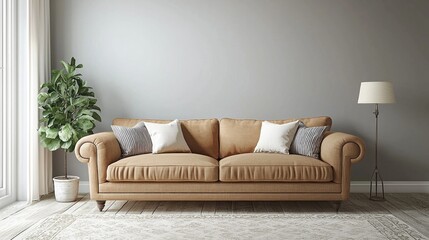 Fototapeta premium A welcoming living room showcases a plush brown sofa adorned with decorative pillows, complemented by a stylish lamp and a leafy plant by the window, enhancing the warm ambiance