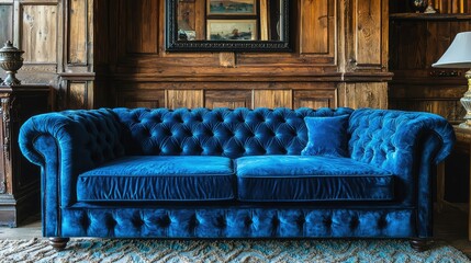 Obraz premium Luxurious Blue Velvet Sofa in Elegant Room with Wooden Paneling and Vintage Decor, Perfect for Interior Design Inspiration and Home Styling