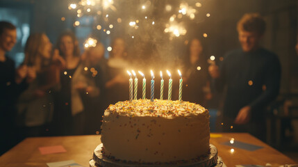 Birthday cake with candles on a table and in blurry background group of adults around table celebrating their friend birthday and sparks and confetti