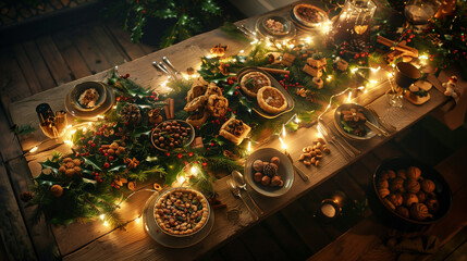 An inviting Christmas table spread with rustic charm, illuminated by the glow of fairy lights.