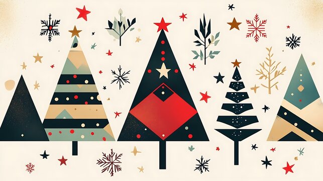 Modern Christmas card design featuring layered geometric patterns, minimalist typography, and festive icons like stars and trees