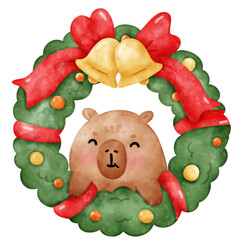 Obraz premium Capybara christmas, holiday, capybara watercolor, cute capybara