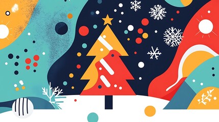 Modern abstract Christmas card with geometric shapes, bold colors, and festive elements like a minimalist tree and snowflakes on a clean background