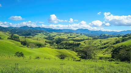 Obraz premium Lush Green Rolling Hills Under a Bright Blue Sky with Fluffy White Clouds and Majestic Mountains in the Background of a Serene Landscape