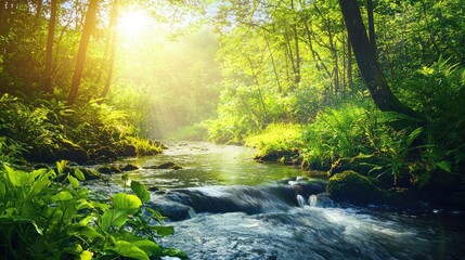 Fototapeta premium Tranquil Forest Stream in Vibrant Green Wilderness Surrounded by Lush Trees and Bright Sunlight, Evoking Peaceful Nature Scenery and Serene Environment