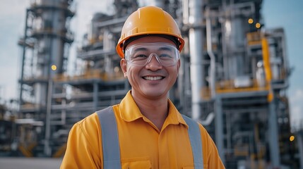 Smiling Professional Heavy Industry Worker in Safety Uniform and Hardhat at Industrial Factory