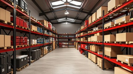 Fototapeta premium Industrial Warehouse Interior with Shelving Units Loaded with Colorful Cartons and Boxes, Brightly Lit Space Ideal for Storage and Distribution Operations