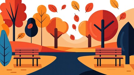 Autumn landscape with colorful trees and benches along a winding path.